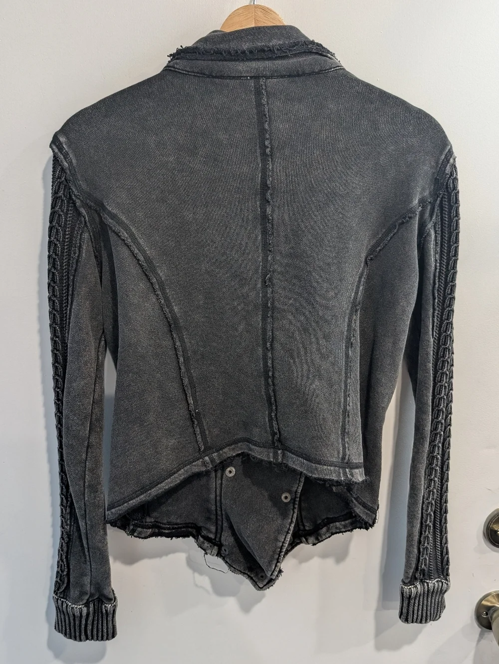 Free People Washed Black Ruffle Knit-Sleeve Moto Jacket Size Small